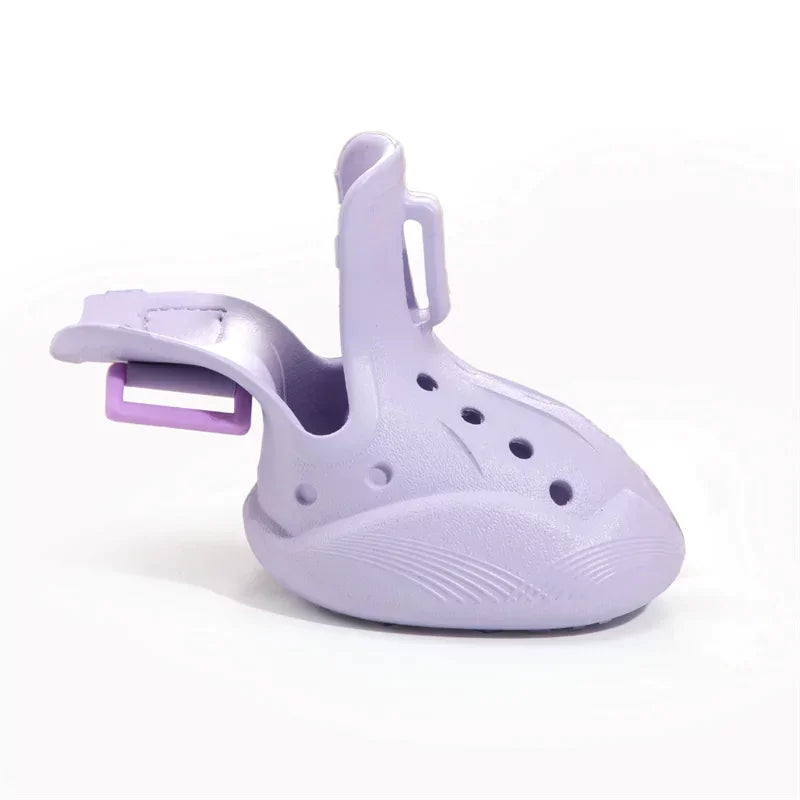Purple shoe with a clip on a white background