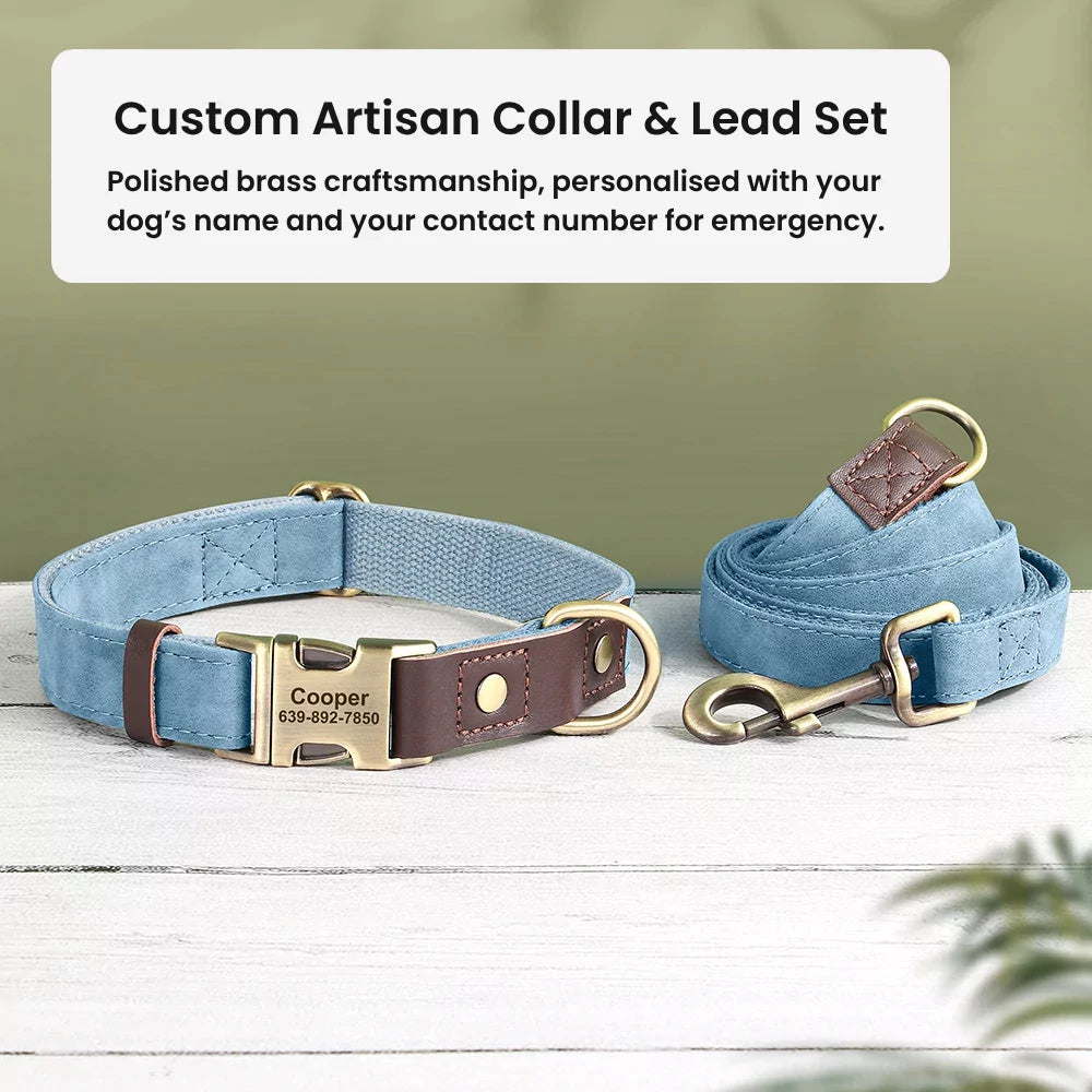 BLUE Custom Artisan Dog Collar Lead Personalised Canine Culture