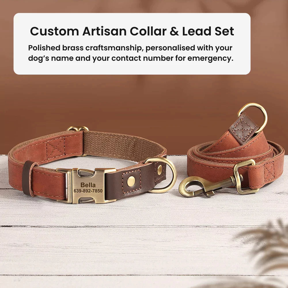 Brown dog collar and lead set with engraved metal tag on a wooden surface.