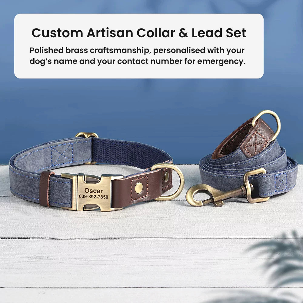 BLUE Custom Artisan Dog Collar Lead Personalised Canine Culture