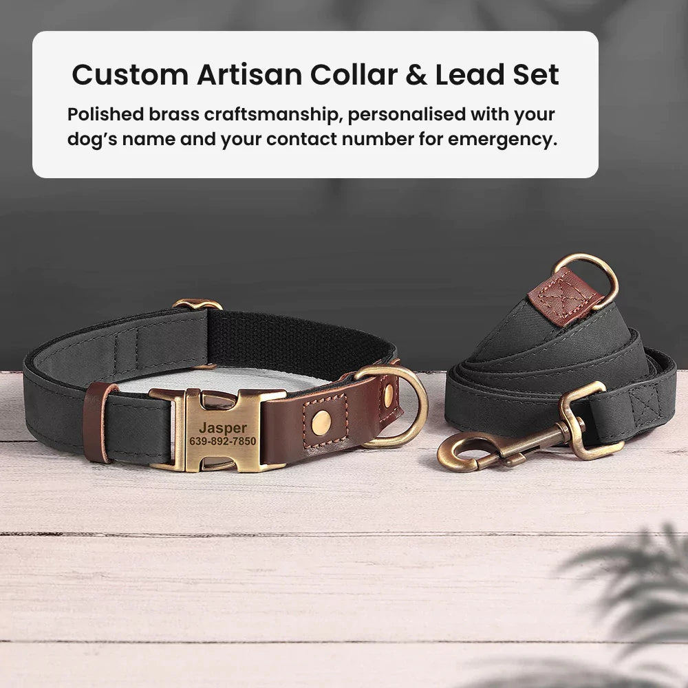 BLACK Custom Artisan Dog Collar Lead Personalised Canine Culture