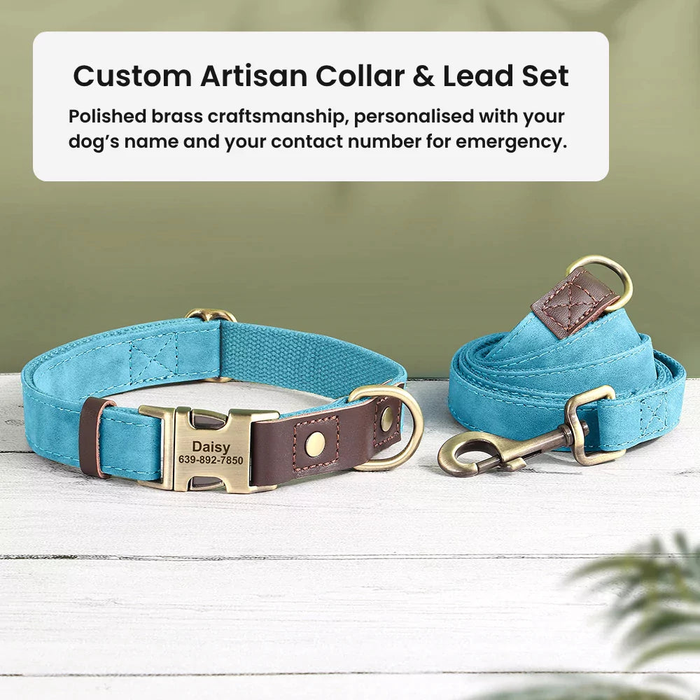 Custom artisan dog collar and lead set with engraved nameplate on a wooden surface.