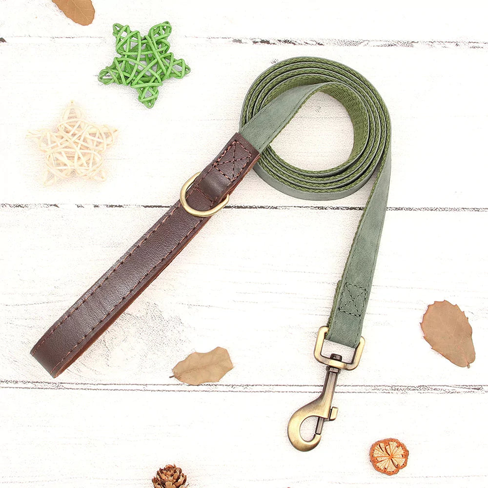 Green and brown dog leash on a white wooden surface with decorative elements.