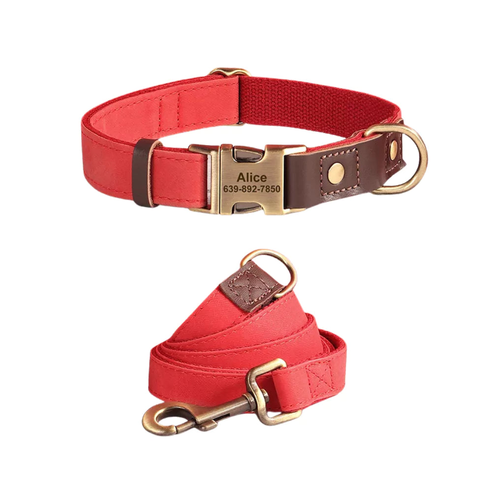 Red dog collar and leash set with gold hardware on a white background