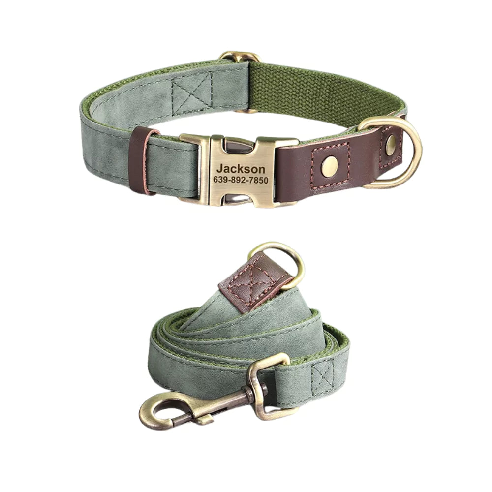 Green dog collar and leash set with engraved nameplate on a white background
