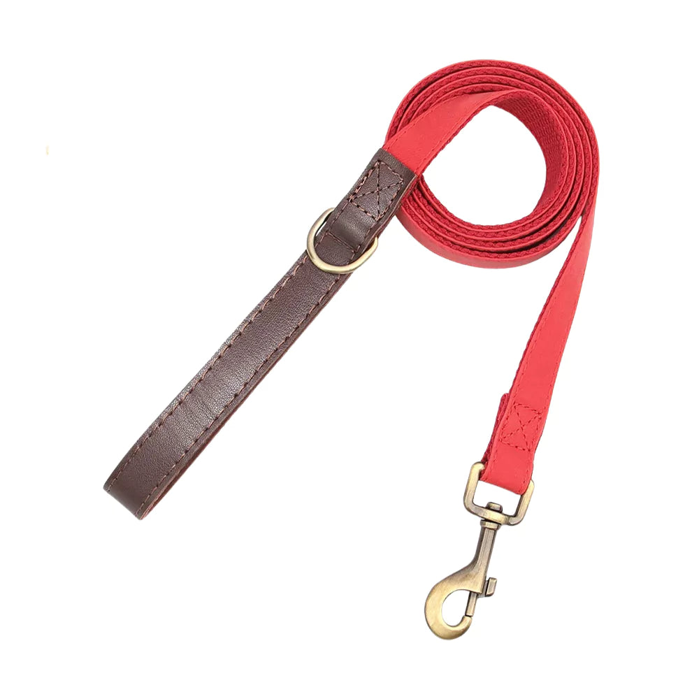 Red dog leash with brown handle and gold clip on a white background