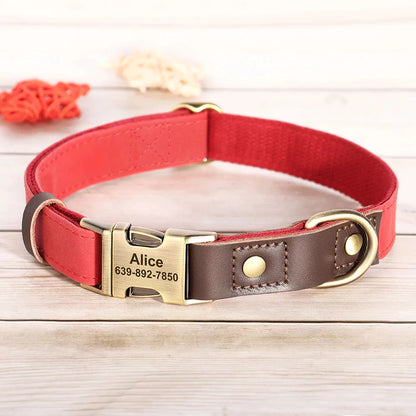 Red dog collar with brown leather patch and gold nameplate on a wooden surface