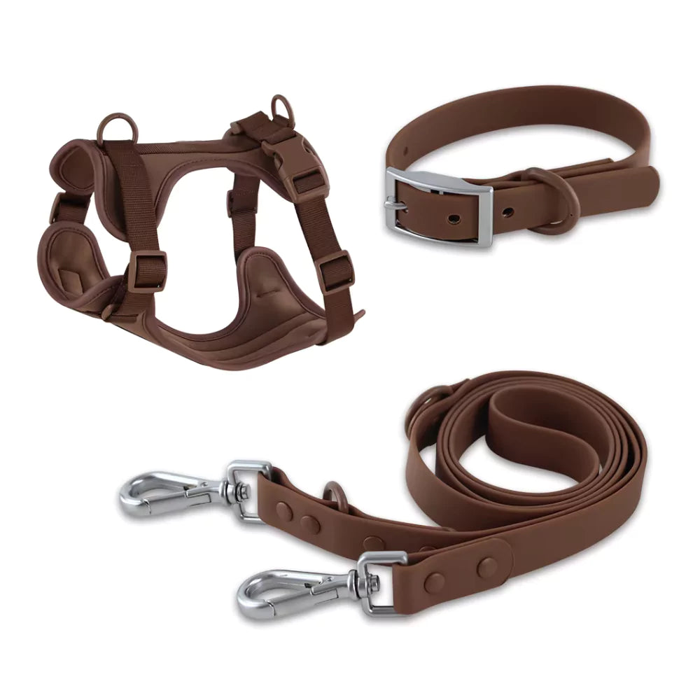 brown urban dog collar, harness and leash set canine culture