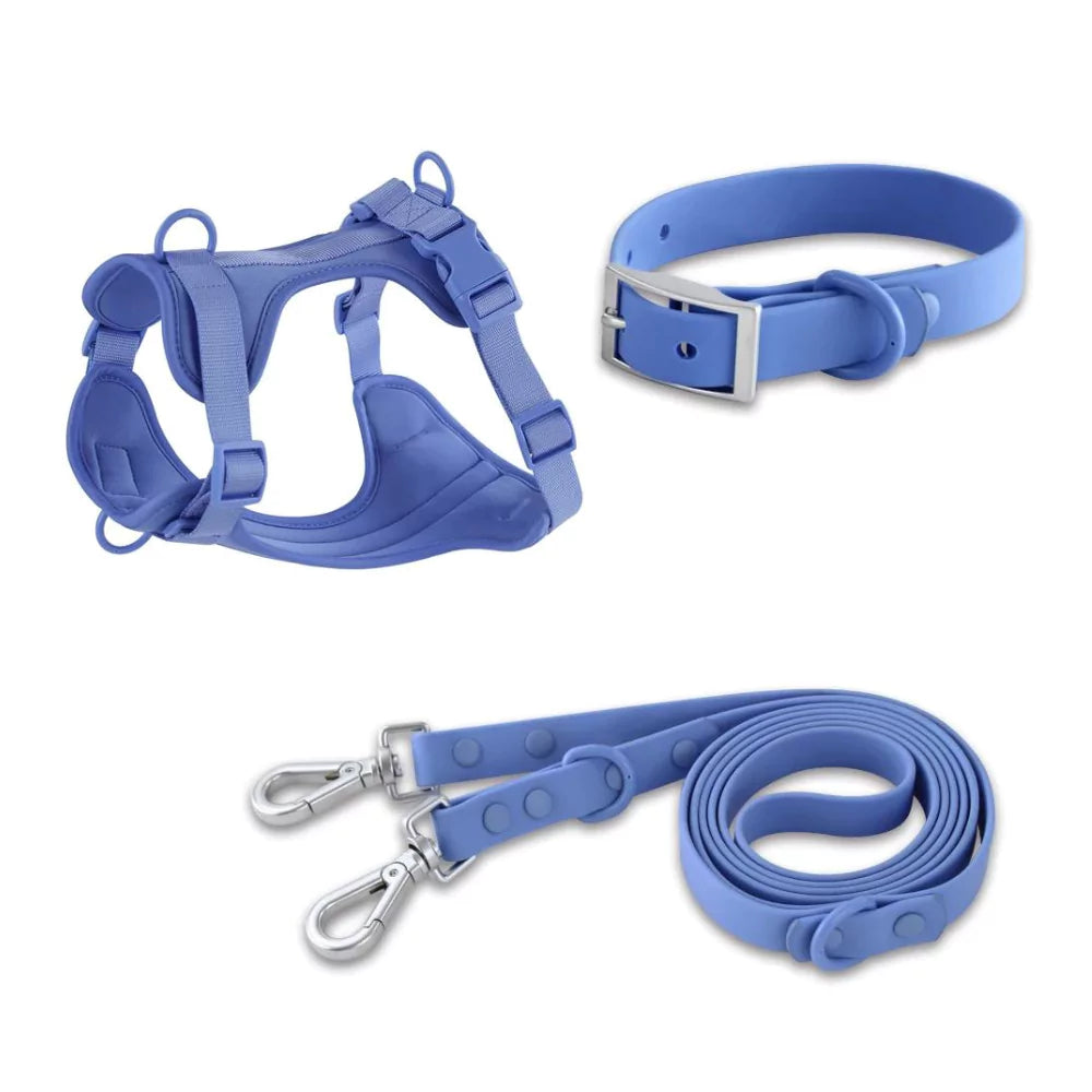 blue urban dog collar, harness and leash set canine culture