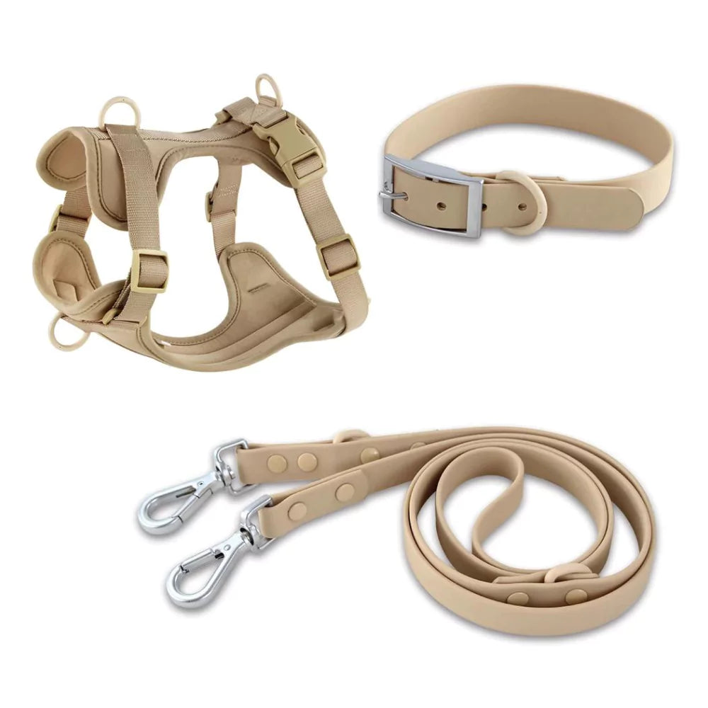 beige urban dog collar, harness and leash set canine culture