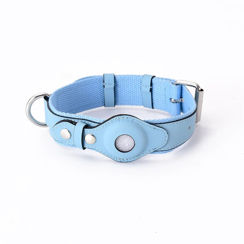 Blue Leather AirTag Dog Collar