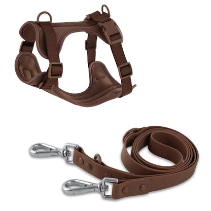 brown pvc urban dog harness Y shape front two clips double ended leash set canine culture