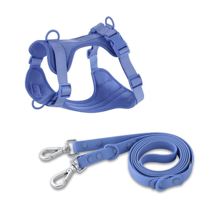 blue pvc urban dog harness Y shape front two clips double ended leash set canine culture