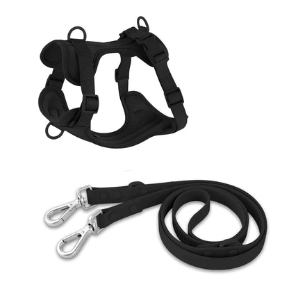 black pvc urban dog harness Y shape front two clips double ended leash set canine culture