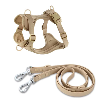 beige pvc urban dog harness Y shape front two clips double ended leash set canine culture